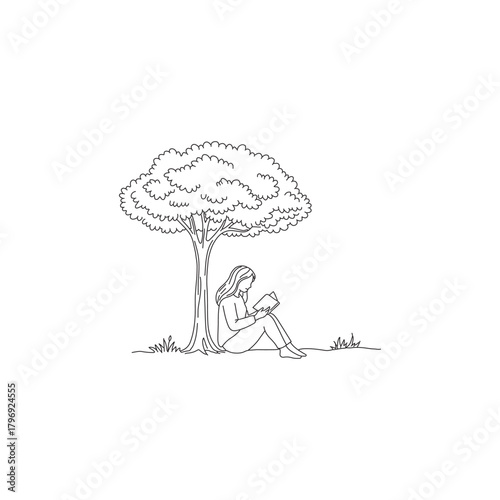 Woman reading a book under a tree in line art