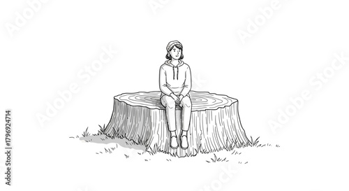Solitary moment: A woman seated on a tree stump in a serene, monochrome landscape