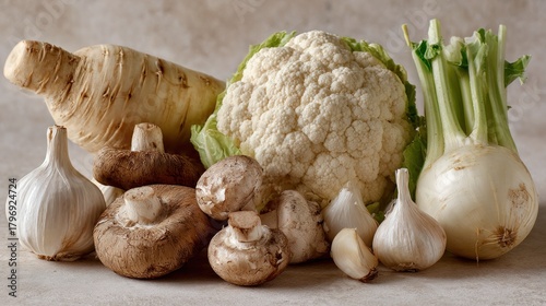 Fresh vegetables composition including mushrooms and cauliflower