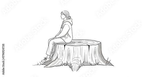 Pensive moment: Woman sitting on a tree stump contemplating in nature simplicity scene
