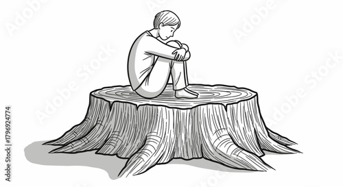 Pensive figure on a tree stump symbolizing environmental loss and emotional reflection