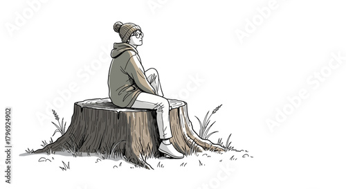 A solitary figure immersed in thought while perched atop a tree trunk sketch