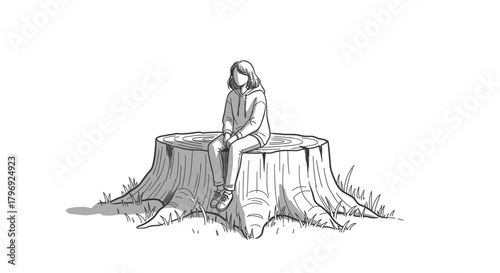 Monochrome contemplation girl resting on aged tree stump in peaceful surroundings