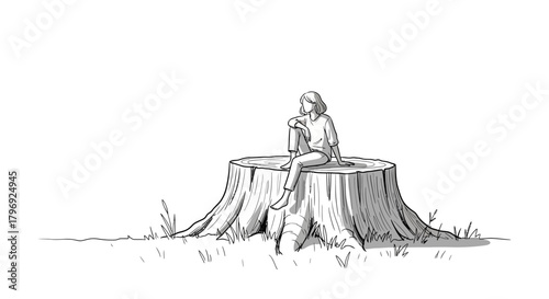 Monochrome depiction of a woman seated atop a tree trunk amid nature's serenity
