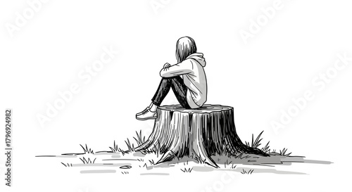 Solitary introspection monochrome drawing of a figure resting on a tree stump in a stark landscape