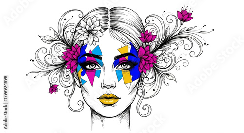 Abstract face illustration with geometric makeup and floral embellishments design