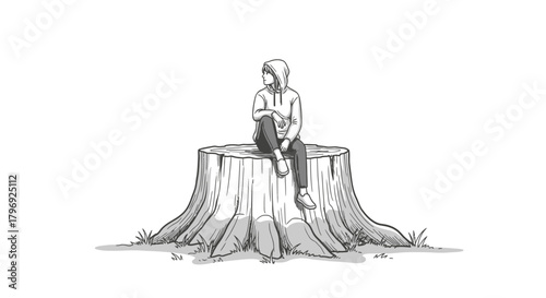 Pensive youth in hoodie perched atop aged tree stump in serene grayscale landscape