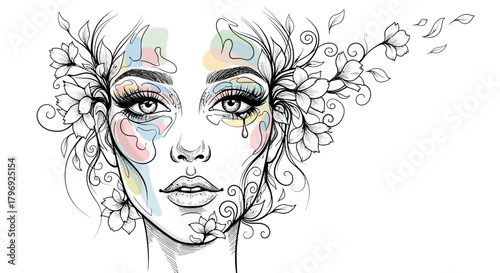 Ethereal beauty: A woman's floral portrait with subtle pastel accents and delicate line work