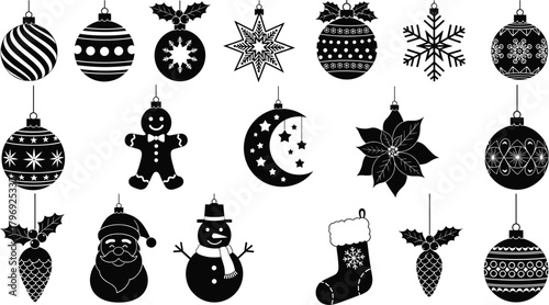 Mega Set of Black Christmas Tree Ornament Silhouette Icons Vector Illustration