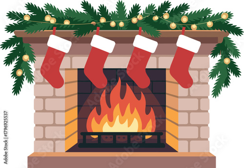 Christmas fireplace with stockings and pine garland