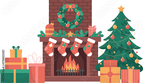 Christmas fireplace with tree stockings and gifts vector