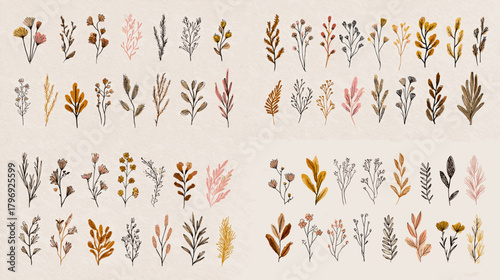 Watercolor botanical clipart collection of delicate leaves, twigs, and foliage in earthy neutrals and soft pastels. Ideal for wedding invites, patterns, branding, and nature designs.
