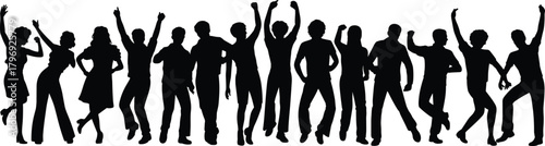 Silhouette group of people dancing and celebrating with energetic poses, party movement and joyful expressive action scene