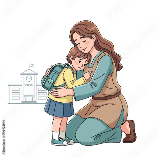 A caring mother comforts her young child with a backpack, who appears sad or anxious about going to school.