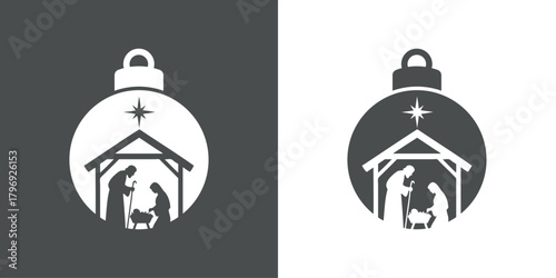 Tiempo de Navidad. Logo con silueta de bola de navidad con escena de la natividad con San José, la Virgen María y el niño Jesús en el Portal de Belén con una estrella