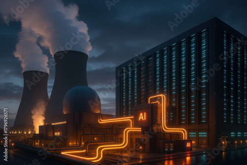 AI data centers rely on nuclear power plants to meet massive energy demands during nighttime operations in industrial settings
