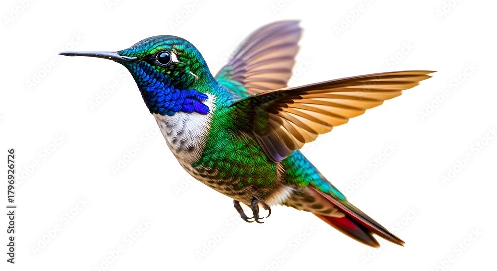 Obraz premium Vibrant hummingbird in flight isolated on white a colorful tropical bird with iridescent feathers