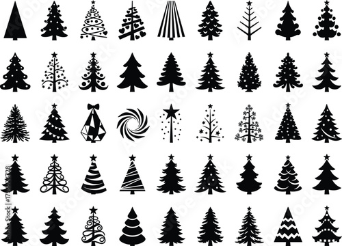 Mega Set of Black Christmas Pine Tree Silhouette Icons Vector Illustration