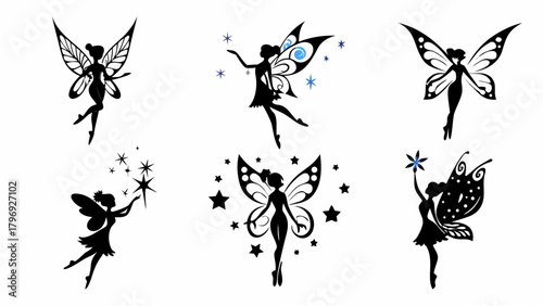 Enchanting collection of diverse fairy silhouettes with whimsical starry accents, perfect for magical designs and fantasy themes