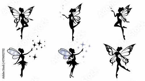 Enchanting fairy silhouettes with delicate butterfly wings scattering magical stardust, perfect for fantasy and whimsical designs.