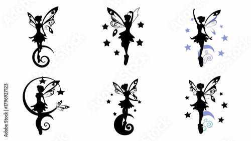 Magical fairy silhouettes dancing among stars and crescent moons, perfect for enchanting designs and whimsical projects