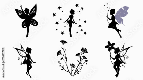 Enchanting fairy silhouettes dancing with stars and delicate floral elements, perfect for magical designs and whimsical themes