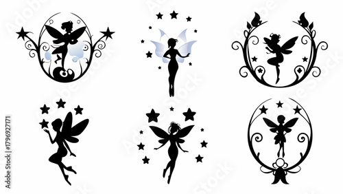 Enchanting fairy silhouettes with celestial stars and decorative flourishes bring magical charm to any design project