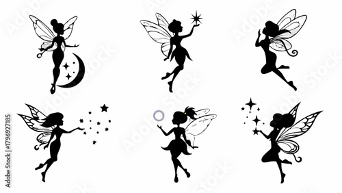 Enchanting fairy silhouettes dancing with stars and moons, bringing magic and wonder to whimsical designs, perfect for fantasy themes.