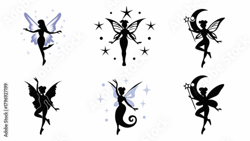 Enchanting fairy silhouettes dancing with stars and moons, magical fantasy icons for whimsical designs and dreamy creations