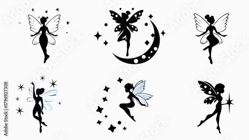 Enchanting fairy silhouettes dancing among stars and crescent moon, sparking wonder and magic for whimsical designs.