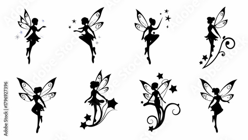 Enchanting fairy silhouettes with whimsical stars and delicate wings, perfect for magical designs and fantasy themes