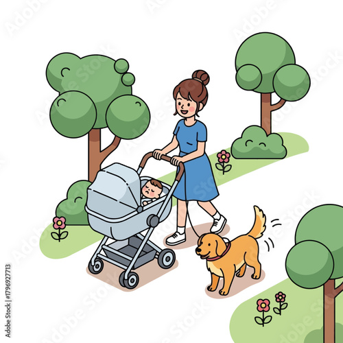 A happy mother pushing her baby in a stroller while walking her dog in a green park.