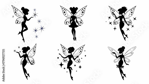 Enchanting fairy silhouettes dancing with magical stars, perfect for fantasy themes and whimsical designs