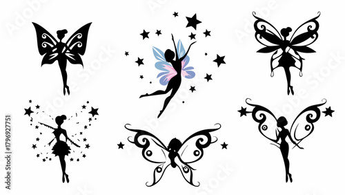Enchanting fairy silhouettes with whimsical stars and elegant butterfly wings, perfect for magical designs and fantasy themes.