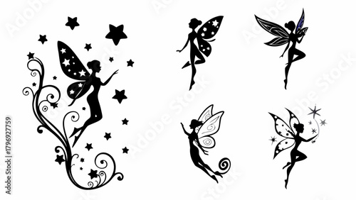 Enchanting fairy silhouettes dancing among whimsical stars, magical fantasy art perfect for whimsical designs and children's themes