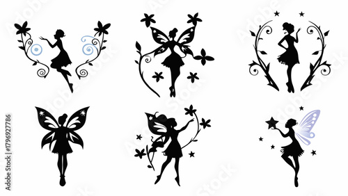 Enchanting fairy silhouettes dancing among stars and floral elements create magical scenes for whimsical designs