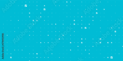 Seamless background pattern of evenly spaced white checkbox symbols of different sizes and opacity. Vector illustration on cyan background with stars