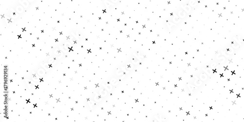 Seamless background pattern of evenly spaced black plus symbols of different sizes and opacity. Vector illustration on white background