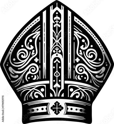 Baroque Ornate Bishop Mitre Hat Vector, Catholic Clergy Headwear with Flourish and Cross