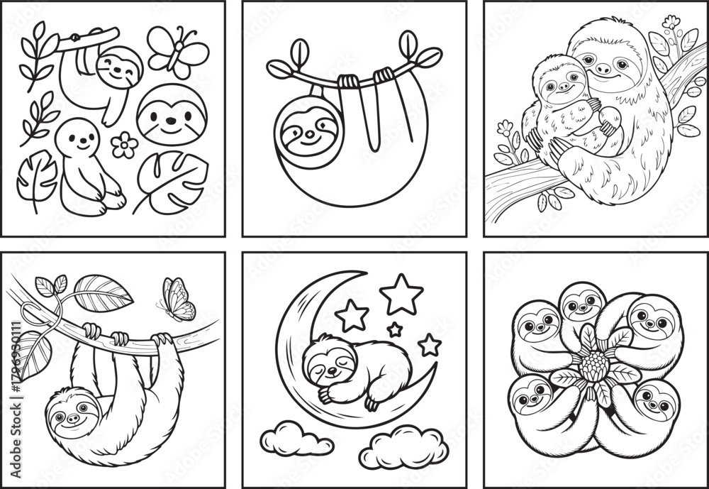 Naklejka premium Cute sloth coloring page bundle for kids black line art vector illustration set