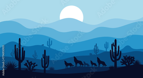 Blue Desert Landscape with Howling Wolves at Night