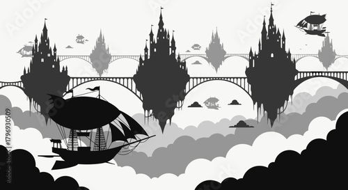 Fantasy Sky City with Airships Amidst Clouds in Black and White Illustration