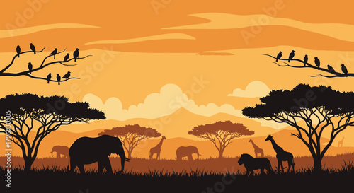 African safari wildlife silhouettes against a warm sunset sky with acacia trees in the savanna landscape