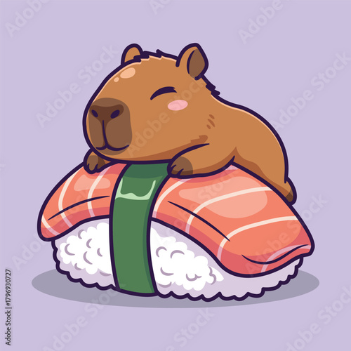 Cute Capybara Vector Illustration Resting on Sushi with Salmon and Seaweed on Purple Background
