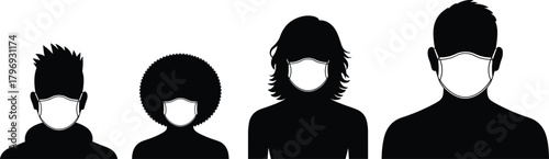 Silhouette group wearing protective face masks, diverse people illustration, health safety concept, prevention symbol, pandemic protection graphic