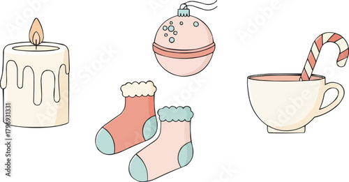 Minimalist self-care Christmas icons, cozy holiday candle, bath bomb ornament, fuzzy socks and warm tea cup with candy cane