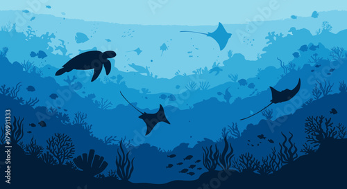 Serene underwater ocean scene with a swimming sea turtle and manta rays in a layered blue silhouette