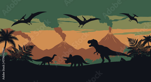 Dramatic prehistoric landscape featuring various dinosaur silhouettes, including T-Rex and Pterodactyls, against a backdrop of erupting volcanoes