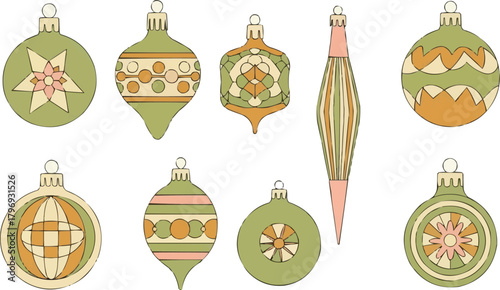 Retro 70s Christmas Ornaments, Vintage Reflector and Bubble Style Holiday Decorations in Minimalist Vector Design