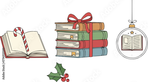 Christmas reading icons set with stack of books tied with ribbon, festive book with candy cane bookmark, holly accents, winter holiday literature elements